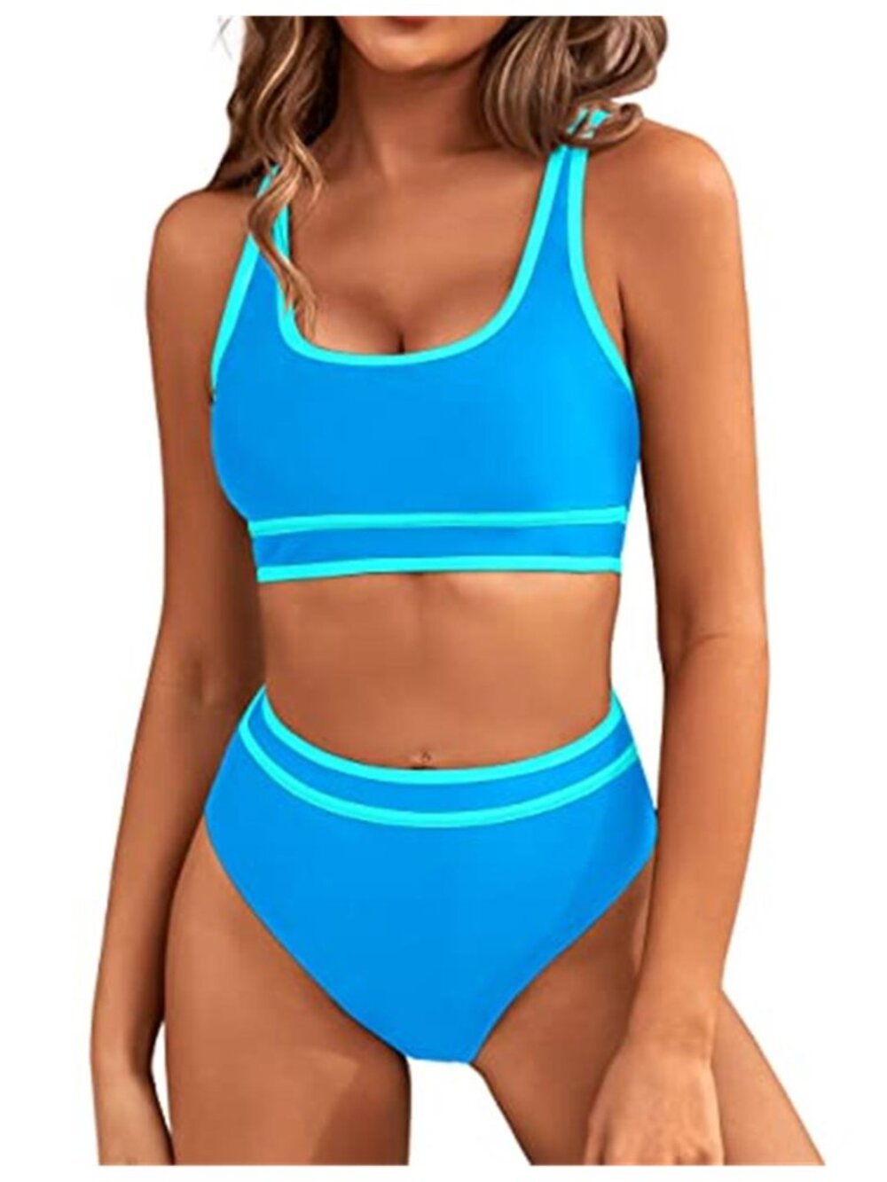 Blue Color Block High Waisted Sport Bikini Set Tummy Control Swimwear
